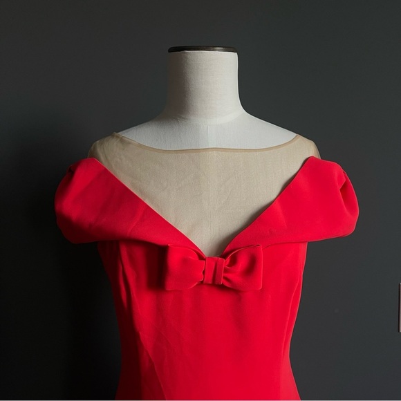 NWT Red Odrella Sheer Bow Holiday Evening Dress - Picture 2 of 11